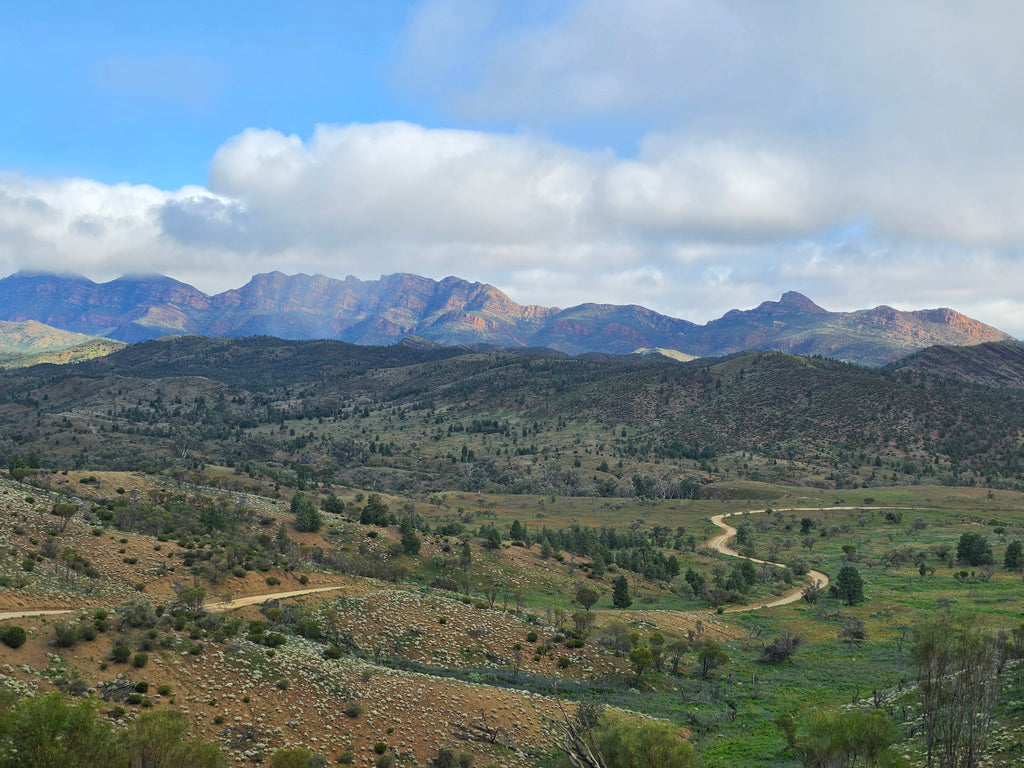 A scenic landscape photograph of rolling green and brown hills with a winding dirt road, backed by rugged mountains under a blue sky with large white clouds.